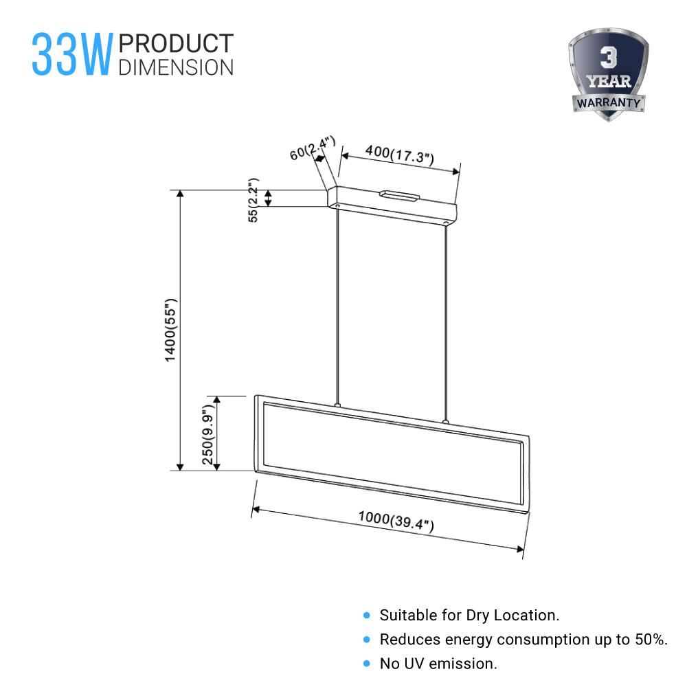 Rectangular Chandelier LED For Office Kitchen Dining Room, 33W, 3000K, 1650LM, LED Pendant Lighting with Matte Black Body Finish, Dimmable, 1-Light