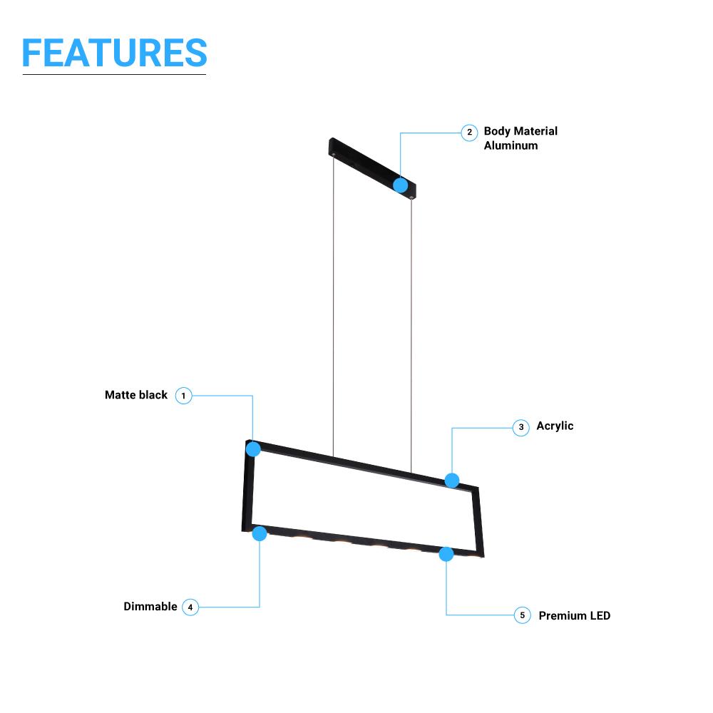 Rectangular Chandelier LED For Office Kitchen Dining Room, 33W, 3000K, 1650LM, LED Pendant Lighting with Matte Black Body Finish, Dimmable, 1-Light