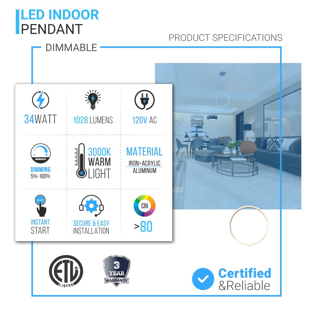 Ring 1-Light LED Unique Design Pendant, 34W, 3000K (Warm White), 1028LM, Dimmable, Aluminum Body Finish, Pendant Mounting