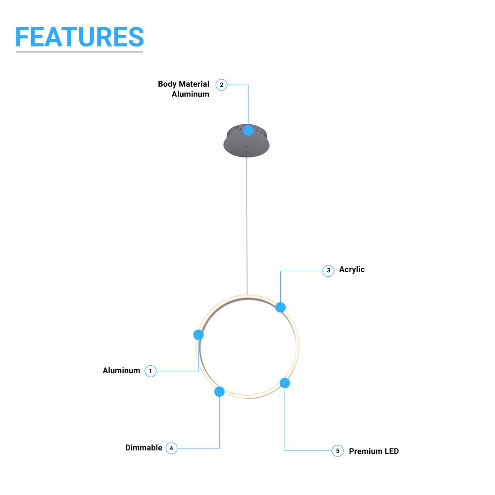 Ring 1-Light LED Unique Design Pendant, 34W, 3000K (Warm White), 1028LM, Dimmable, Aluminum Body Finish, Pendant Mounting