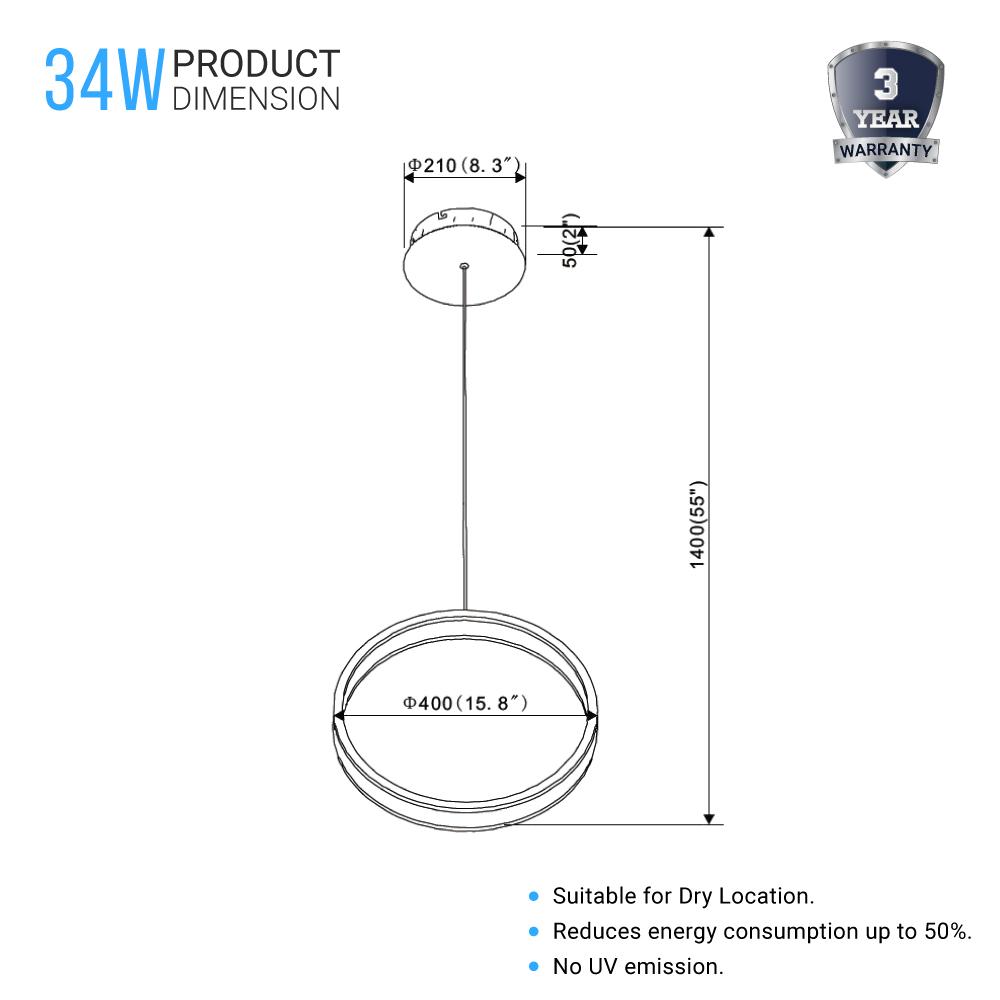 Ring 1-Light LED Unique Design Pendant, 34W, 3000K (Warm White), 1028LM, Dimmable, Aluminum Body Finish, Pendant Mounting