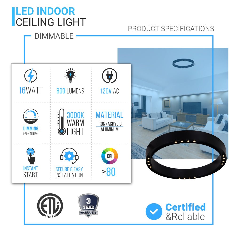 Ring Flush Mount LED Lighting Fixture, 16W/24W, 3000K, 800LM/1200LM, Close to Ceiling lights, Dimmable