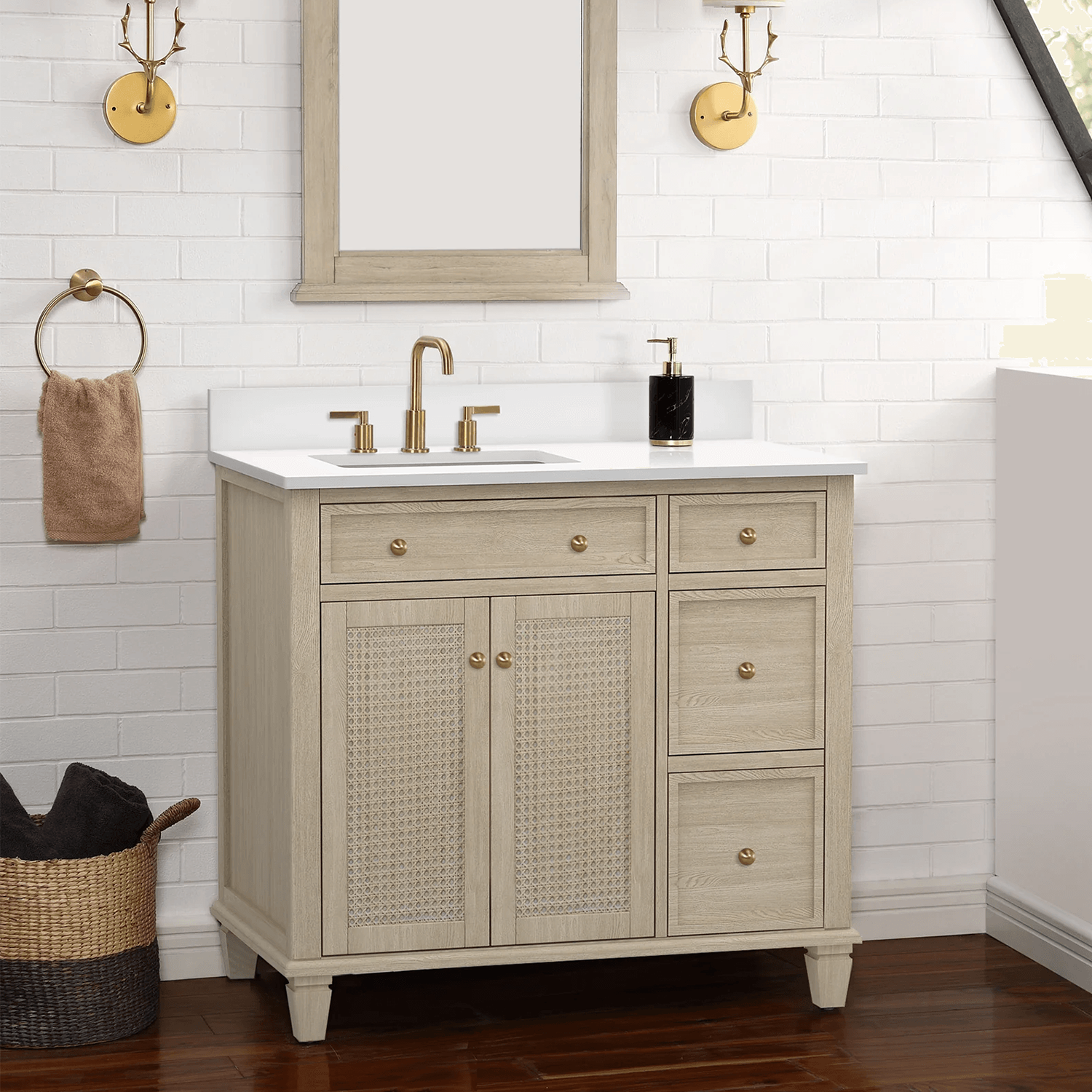Ronnie Freestanding Solid Wood Bathroom Vanity With Carrara White Quartz Sink Top & 4 In. Backsplash in Nature Wood Finish