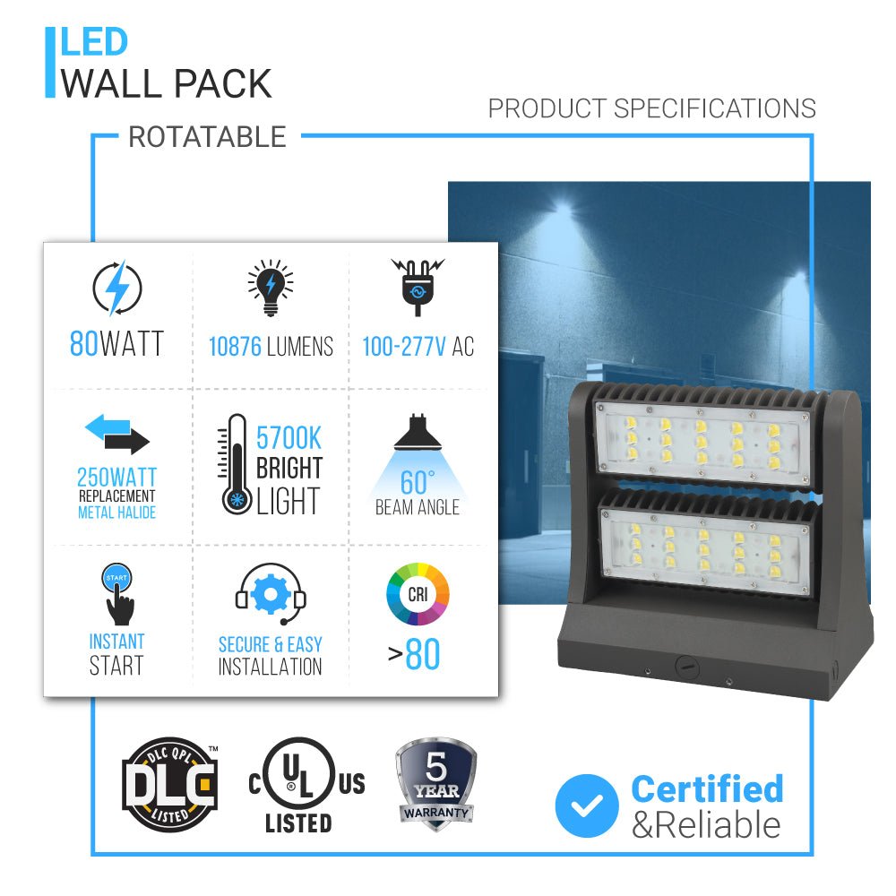 Rotatable LED Wall Pack Light 80W 5700K, 10800LM, Black, UL, DLC Premium, IP65, Adjustable Head Can be used as Up/Down Light, Outdoor Rotatable Wall Light