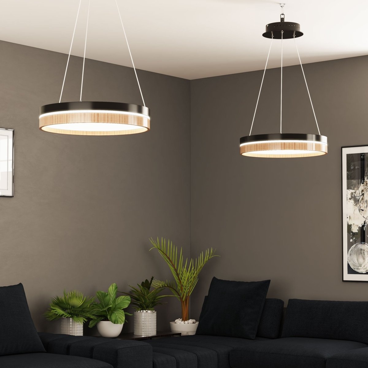 Round Chandelier, Matte Black + Wood Finish, 33W, 3000K (Warm White), 961 Lumens, Dimmable Pendant