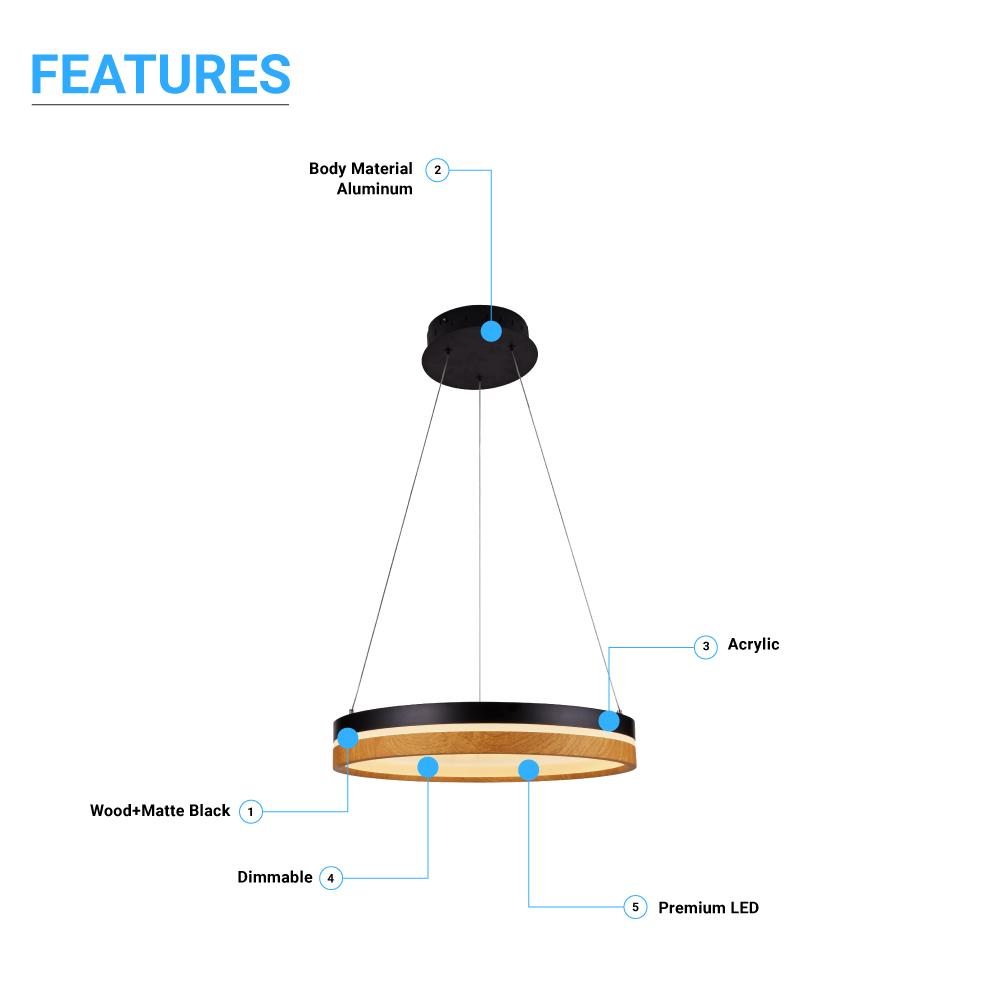 Round Chandelier, Matte Black + Wood Finish, 33W, 3000K (Warm White), 961 Lumens, Dimmable Pendant