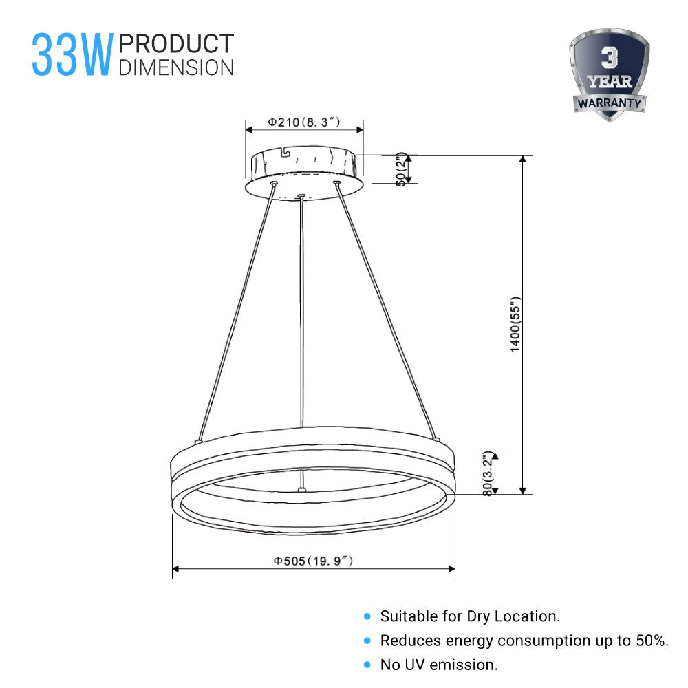Round Chandelier, Matte Black + Wood Finish, 33W, 3000K (Warm White), 961 Lumens, Dimmable Pendant