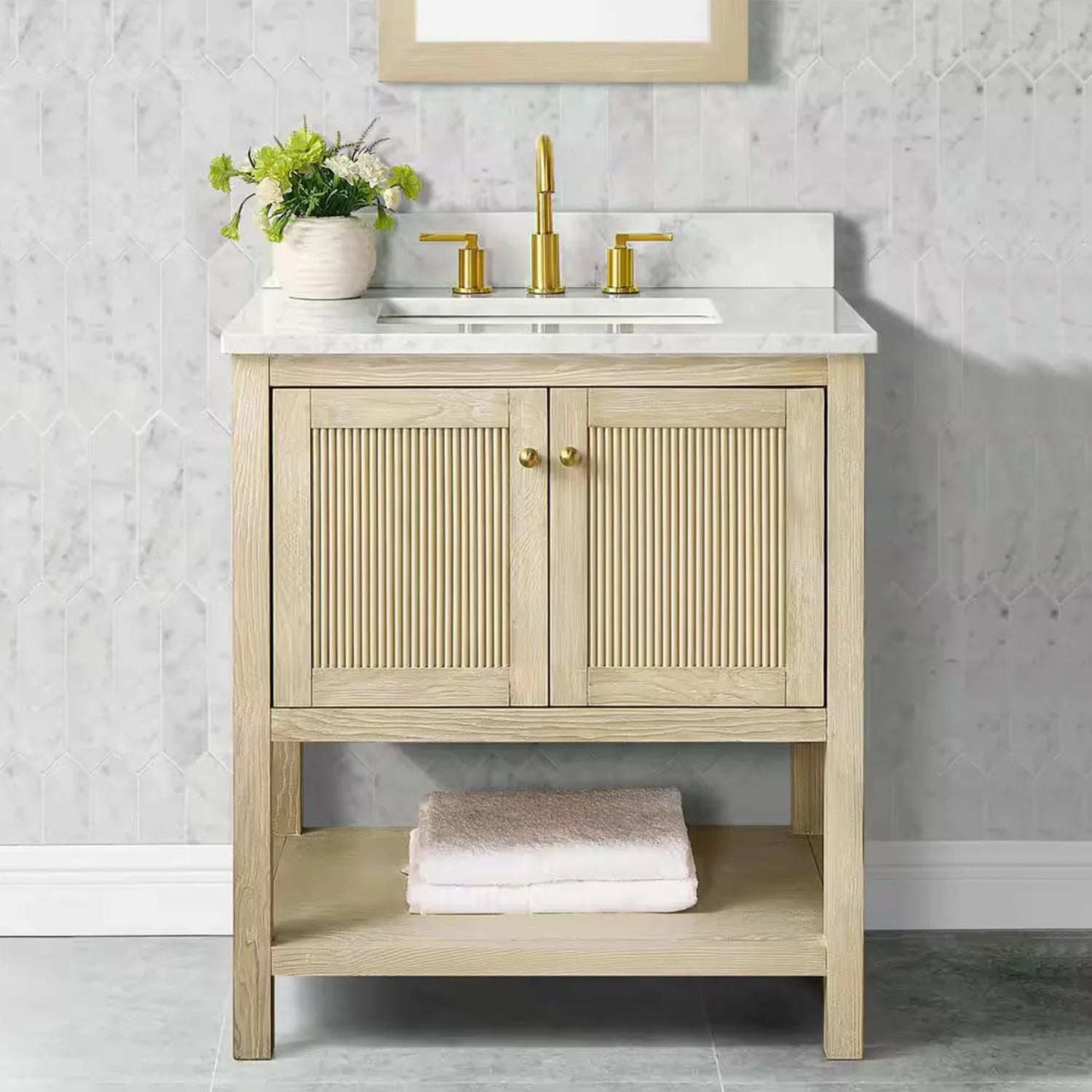 Salem Freestanding Solid Wood Bathroom Vanity With Carrara White Marble Sink Top & 4 In. Backsplash in Nature Wood Finish