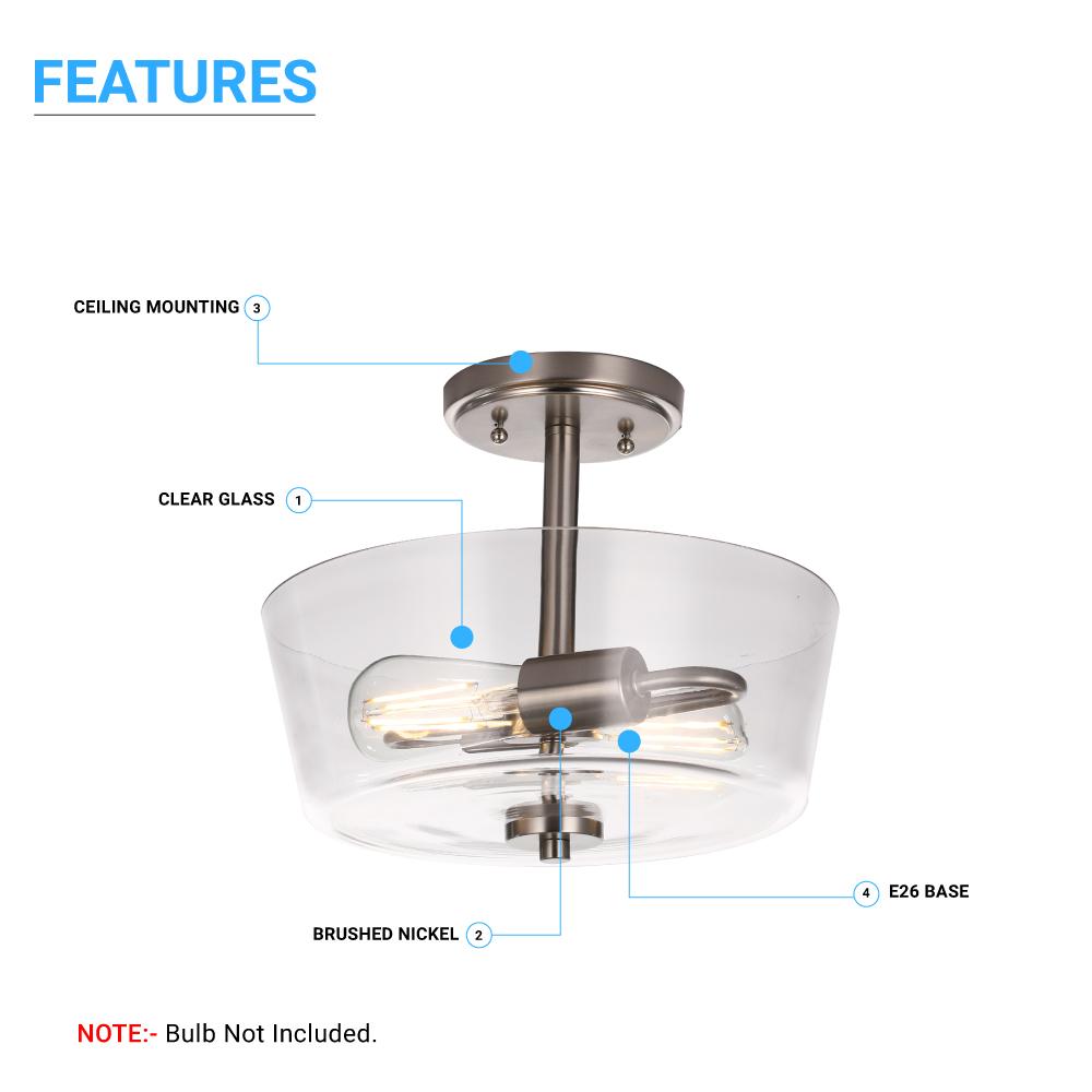 Semi Flush Mount Ceiling Lights, 2-Lights E26 Base, Round, UL Listed for Damp Location, 3 Years Warranty