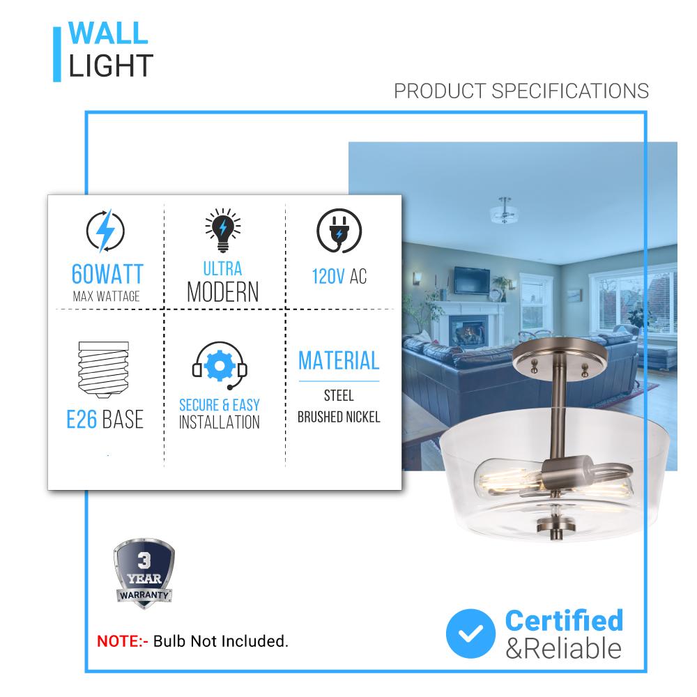 Semi Flush Mount Ceiling Lights, 2-Lights E26 Base, Round, UL Listed for Damp Location, 3 Years Warranty