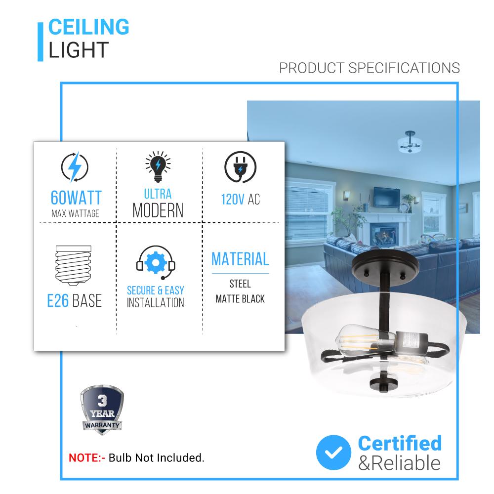 Semi Flush Mount Ceiling Lights, 2-Lights E26 Base, Round, UL Listed for Damp Location, 3 Years Warranty