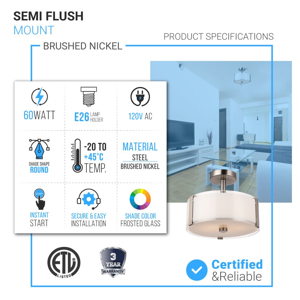 Semi Flush Mount Ceiling Lights, Drum Shape, Brushed Nickel Finish and Frosted Glass Shade, E26 Base, UL Listed - Damp Location