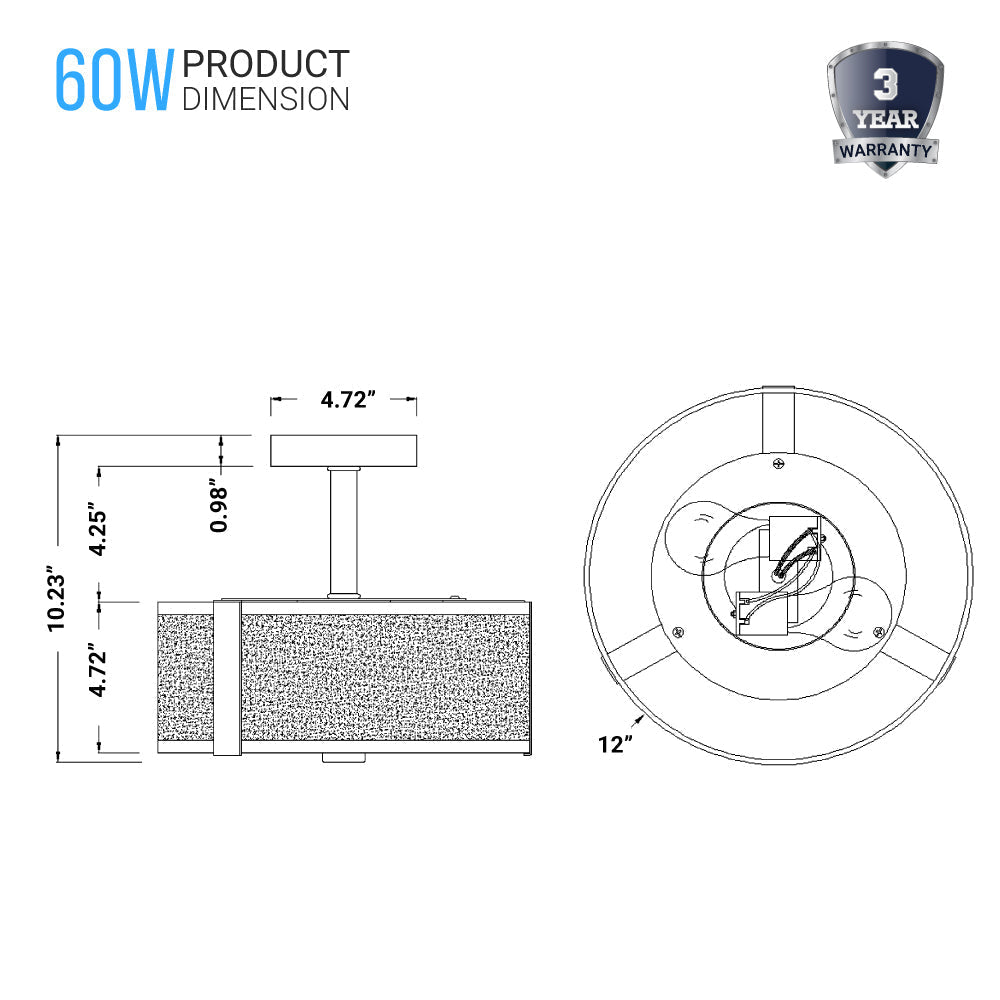 Semi Flush Mount Ceiling Lights, Drum Shape, Brushed Nickel Finish and Frosted Glass Shade, E26 Base, UL Listed - Damp Location