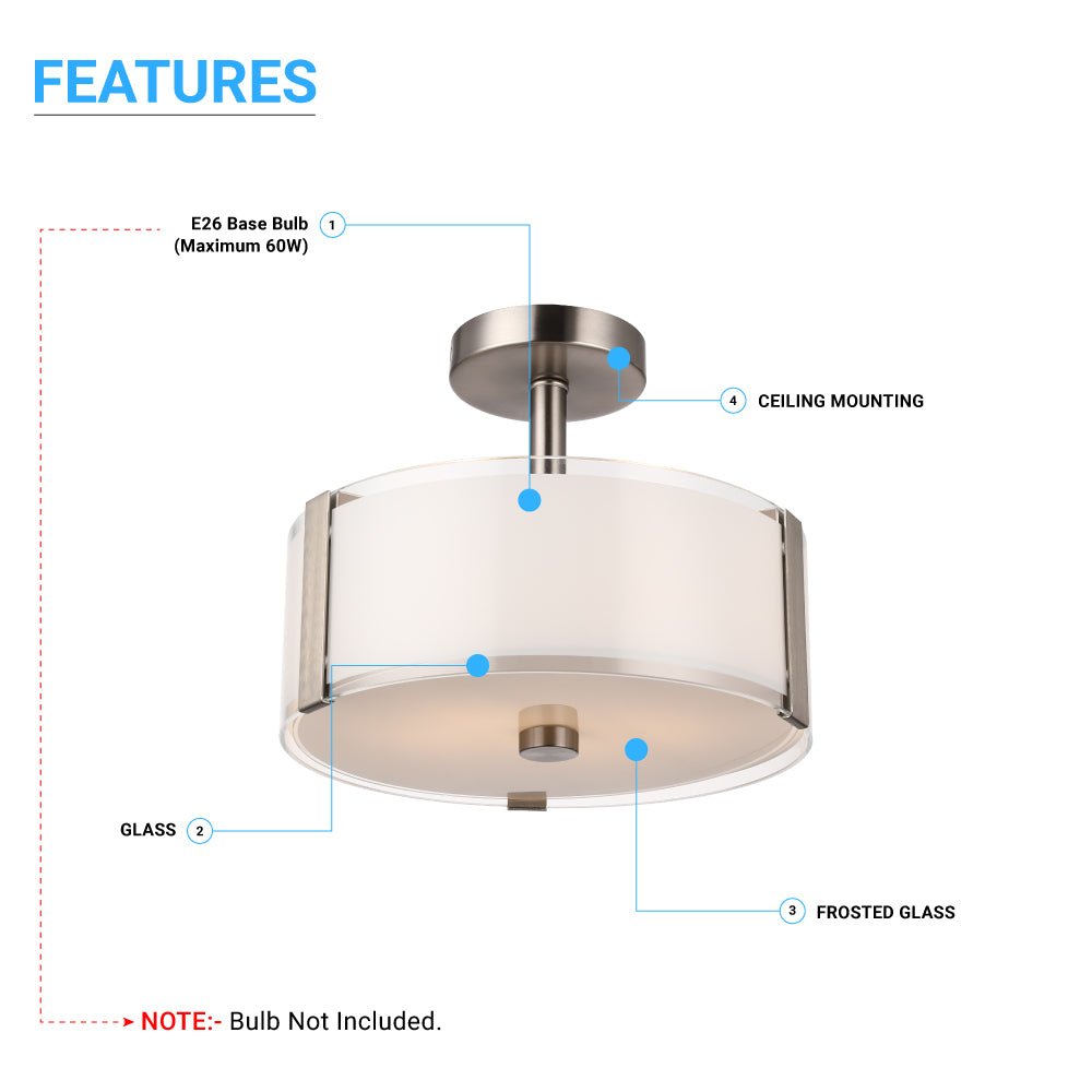 Semi Flush Mount Ceiling Lights, Drum Shape, Brushed Nickel Finish and Frosted Glass Shade, E26 Base, UL Listed - Damp Location