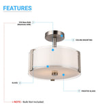 Semi Flush Mount Ceiling Lights, Drum Shape, Brushed Nickel Finish and Frosted Glass Shade, E26 Base, UL Listed - Damp Location