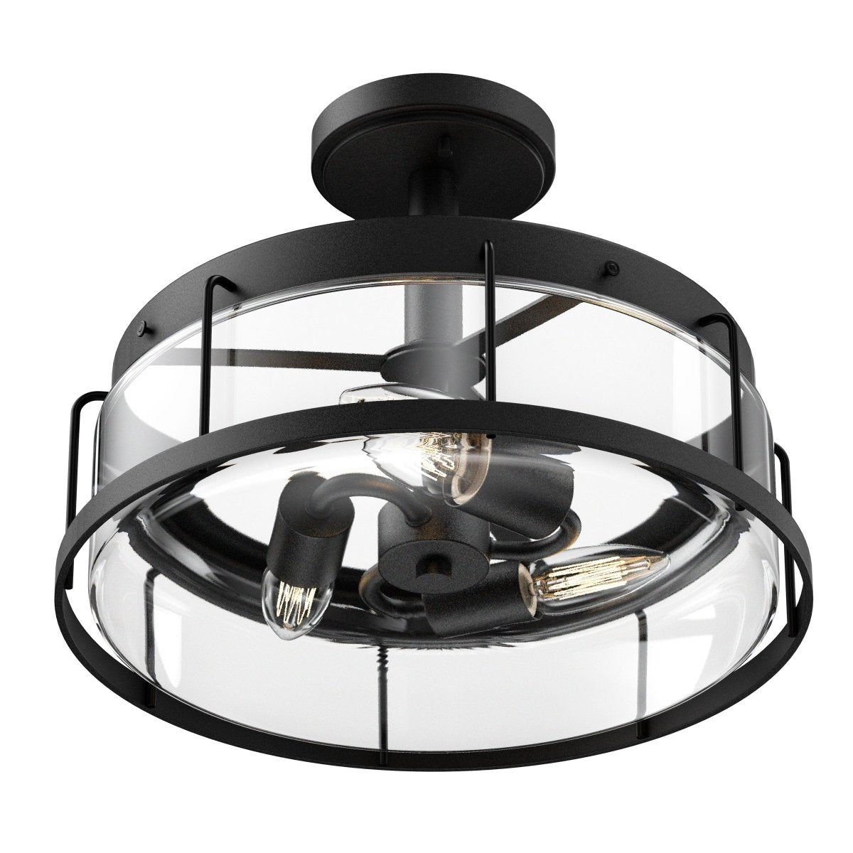 Semi Flush Mount Ceiling Lights, Drum Shape, Matte Black Finish with Clear Glass Shade, E26 Base, UL Listed, Hallway Light Fixtures