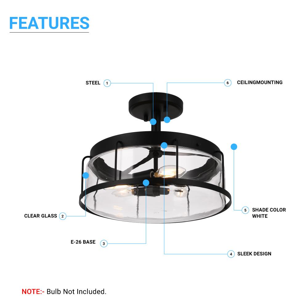 Semi Flush Mount Ceiling Lights, Drum Shape, Matte Black Finish with Clear Glass Shade, E26 Base, UL Listed, Hallway Light Fixtures