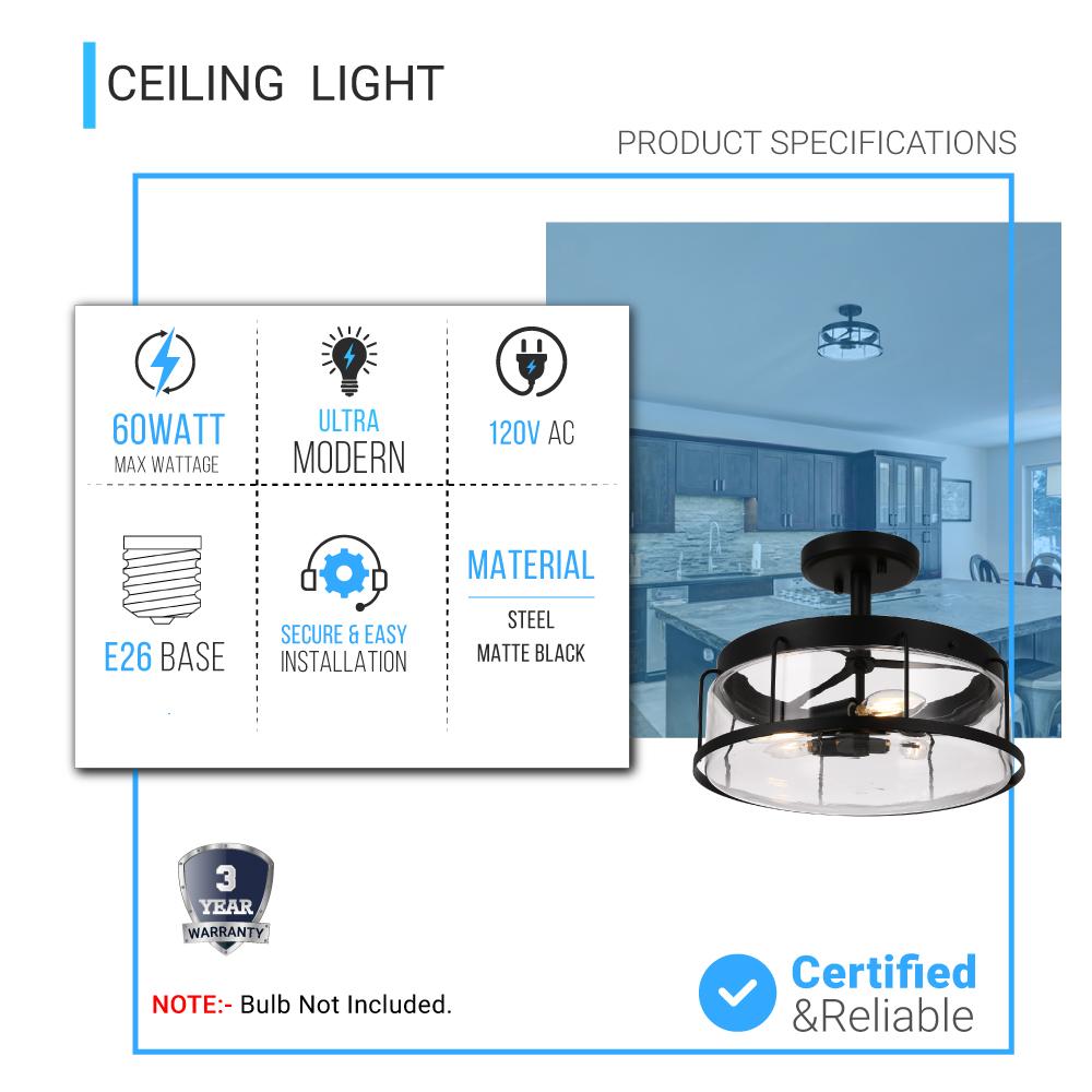 Semi Flush Mount Ceiling Lights, Drum Shape, Matte Black Finish with Clear Glass Shade, E26 Base, UL Listed, Hallway Light Fixtures