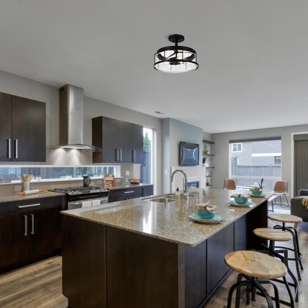 Semi Flush Mount Ceiling Lights, Drum Shape, Matte Black Finish with Clear Glass Shade, E26 Base, UL Listed, Hallway Light Fixtures