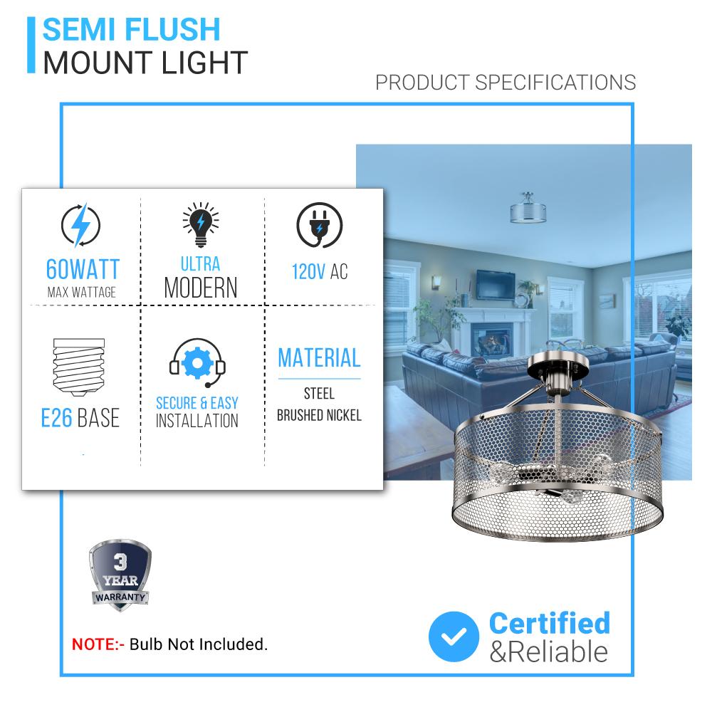 Semi Flush Mount Ceiling Lights, Drum Shape, Steel Cage Matte Black Finish, E26 Base, UL Listed, 3 Years Warranty