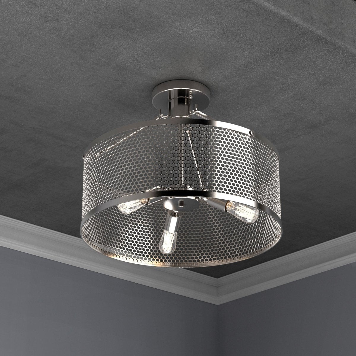 Semi Flush Mount Ceiling Lights, Drum Shape, Steel Cage Matte Black Finish, E26 Base, UL Listed, 3 Years Warranty