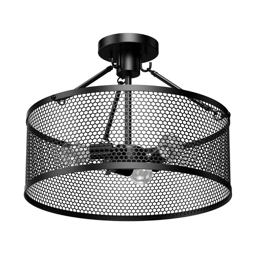 Semi Flush Mount Ceiling Lights, Drum Shape, Steel Cage Matte Black Finish, E26 Base, UL Listed, 3 Years Warranty
