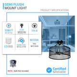Semi Flush Mount Ceiling Lights, Drum Shape, Steel Cage Matte Black Finish, E26 Base, UL Listed, 3 Years Warranty