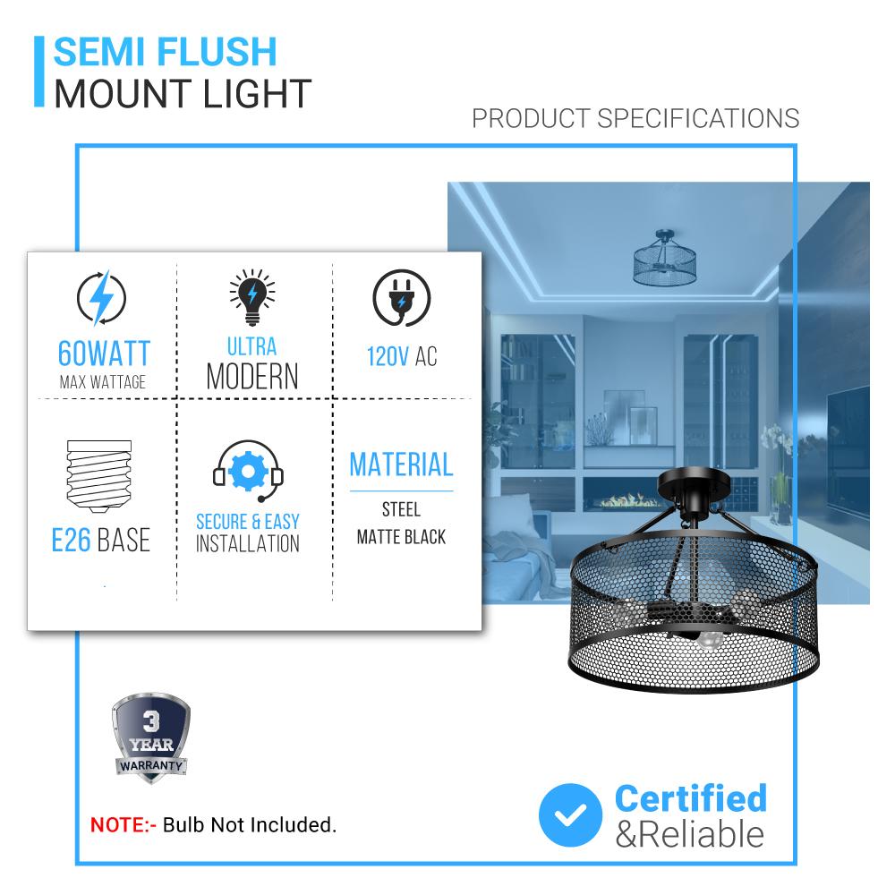 Semi Flush Mount Ceiling Lights, Drum Shape, Steel Cage Matte Black Finish, E26 Base, UL Listed, 3 Years Warranty