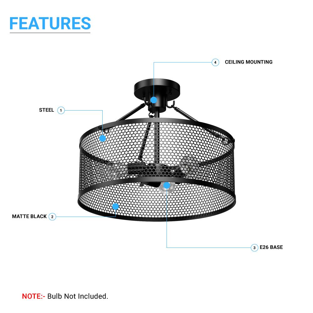 Semi Flush Mount Ceiling Lights, Drum Shape, Steel Cage Matte Black Finish, E26 Base, UL Listed, 3 Years Warranty