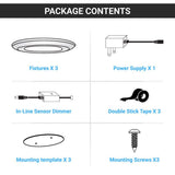 Slim LED Puck Light, 3-Piece Kit With 12V Adaptor & Wave Sensor Dimming , 3x3.5Watts, 3x200Lumens, ETL Listed, CCT Changeable (3000K/4000K/5000K), Hand Wave Sensor, White