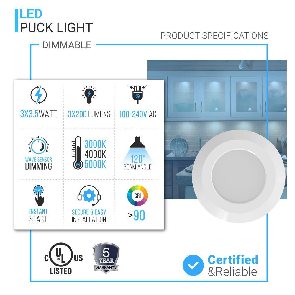 Slim LED Puck Light, 3-Piece Kit With 12V Adaptor & Wave Sensor Dimming , 3x3.5Watts, 3x200Lumens, ETL Listed, CCT Changeable (3000K/4000K/5000K), Hand Wave Sensor, White
