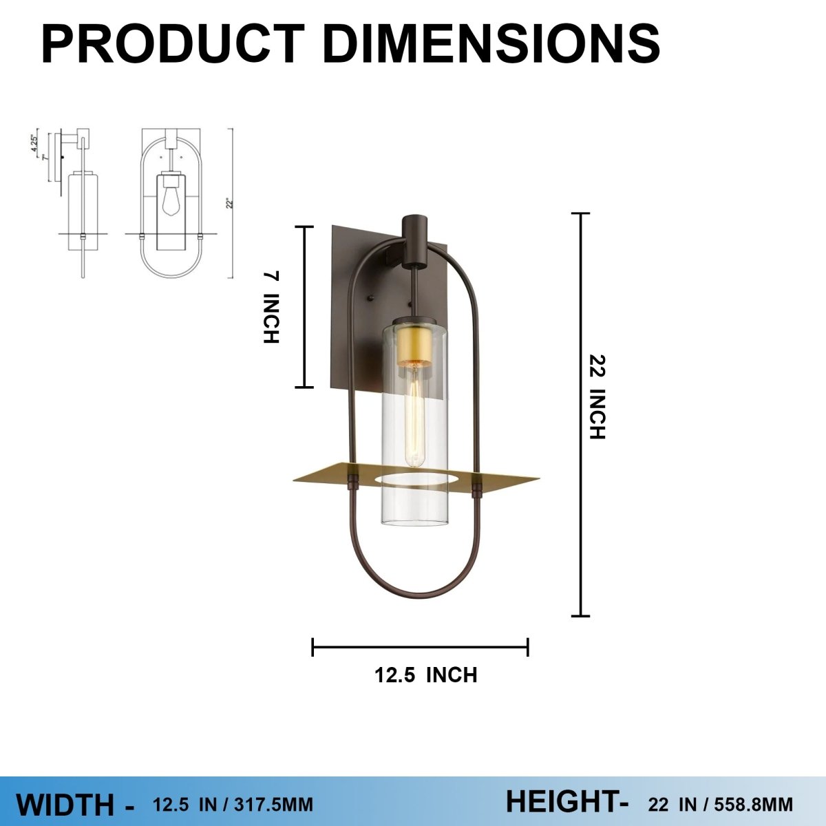 Smyth Outdoor Wall Sconce, E26 Socket 1X60W, Clear Glass, Bronze,  22" H x 12.5" W, Extends 7" from the wall