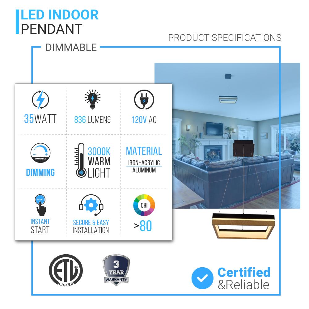 Square Metal and Wood Chandelier Light, 35W, 3000K (Warm White), 836 Lumens, Dimmable, Matte Black + Wood Body Finish