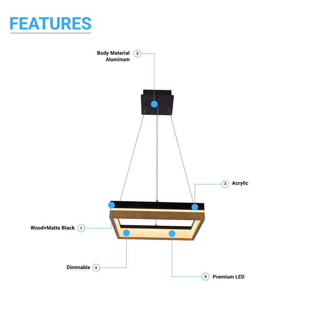 Square Metal and Wood Chandelier Light, 35W, 3000K (Warm White), 836 Lumens, Dimmable, Matte Black + Wood Body Finish