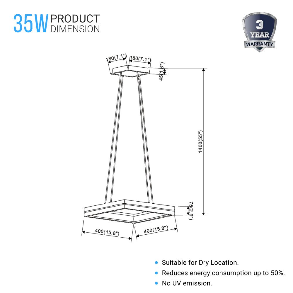 Square Metal and Wood Chandelier Light, 35W, 3000K (Warm White), 836 Lumens, Dimmable, Matte Black + Wood Body Finish