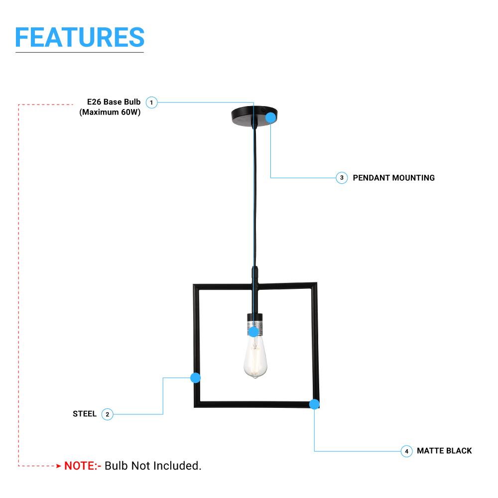 Square Shape Matte Black Pendant Light Fixture, E26 Base, UL Listed for Dry Location