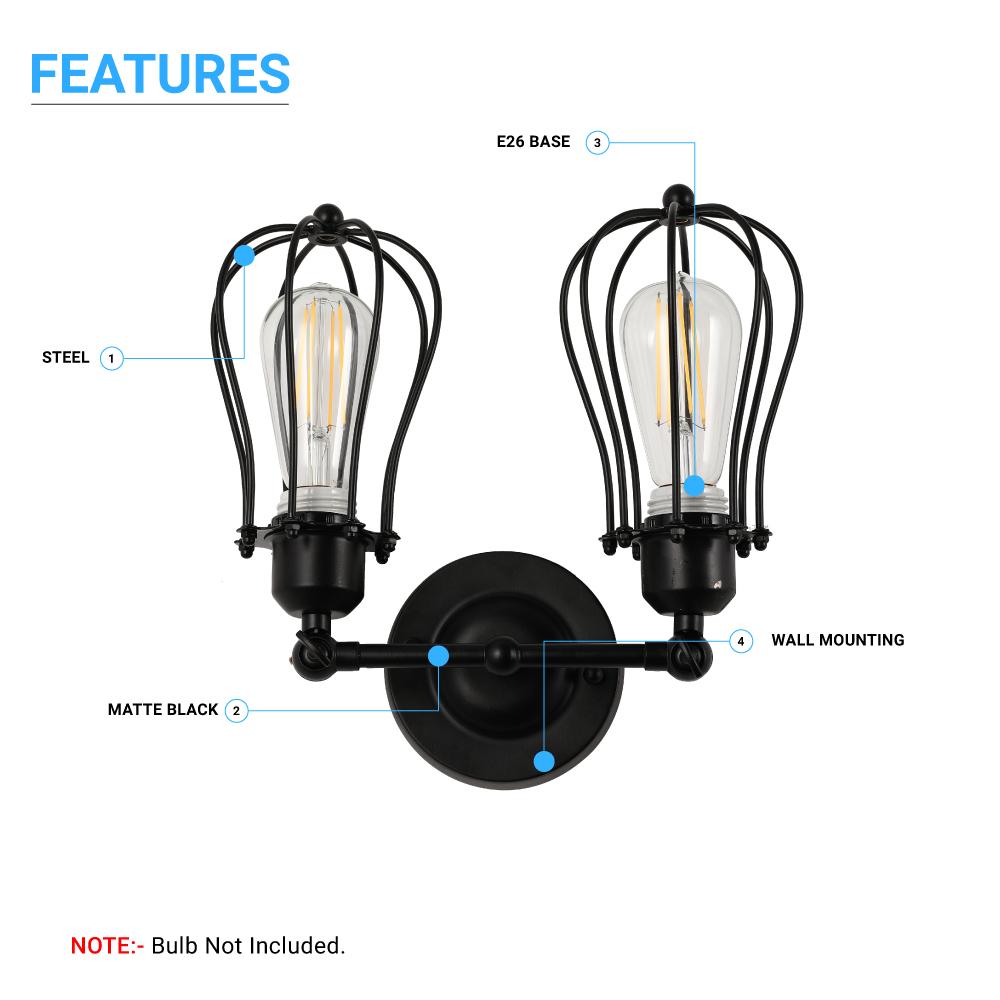 Steel Birdcage Wall Sconce Lighting Fixtures, Matte Black Finish, E26 Base, UL Listed, 3 Years Warranty