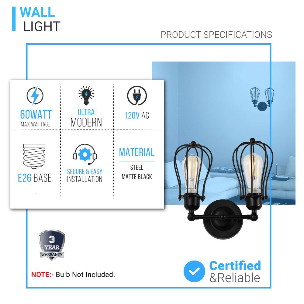 Steel Birdcage Wall Sconce Lighting Fixtures, Matte Black Finish, E26 Base, UL Listed, 3 Years Warranty