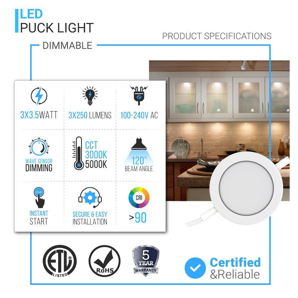 Swivel LED Puck Lights Kit with ETL List, Recessed or Surface Mount Design, CRI90, 3-Piece Kit With 12V Adaptor & Touch Dimmer, Linkable, 3x3.5 Watts, 750 Lumens, White