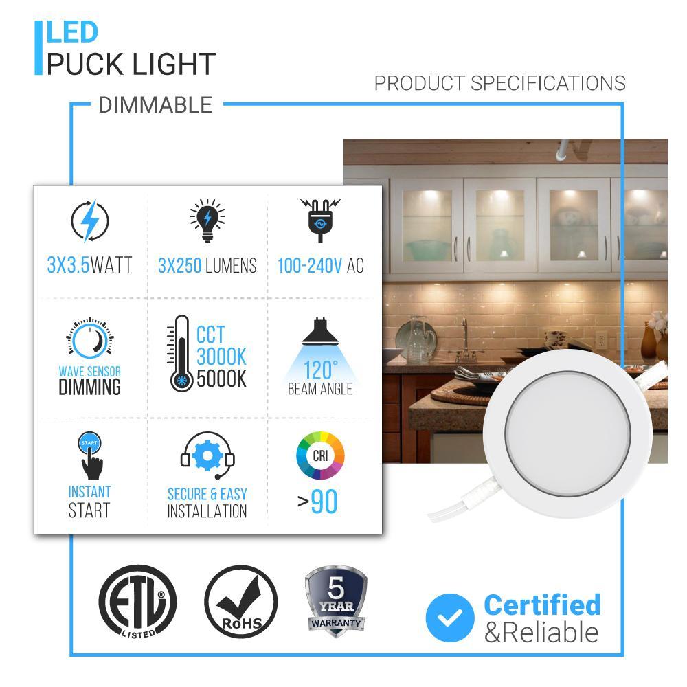 Swivel LED Puck Lights Kit with ETL List, Recessed or Surface Mount Design, CRI90, 3-Piece Kit With 12V Adaptor & Touch Dimmer, Linkable, 3x3.5 Watts, 750 Lumens, White