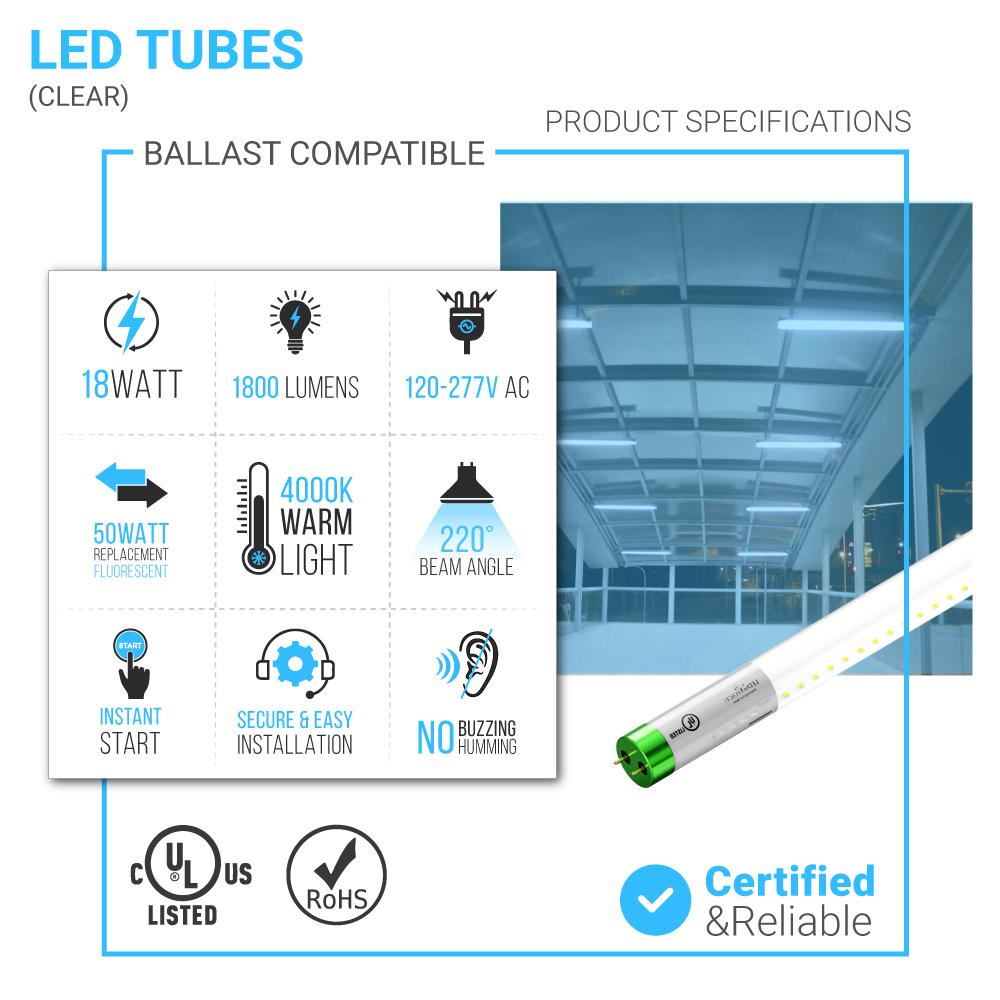 T8 4ft LED Tube/Bulb - Glass 18W 1800 Lumens 4000K Clear, Plug N Play, Double End Power - Ballast Compatible (Check Compatibility List)