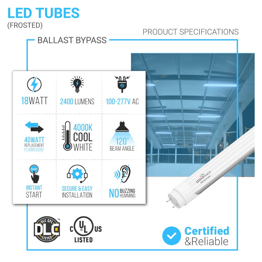 T8 4ft LED Tube/Bulb - Glass 18W 1800 Lumens 4000K Frosted, Single Ended Power - Ballast Bypass