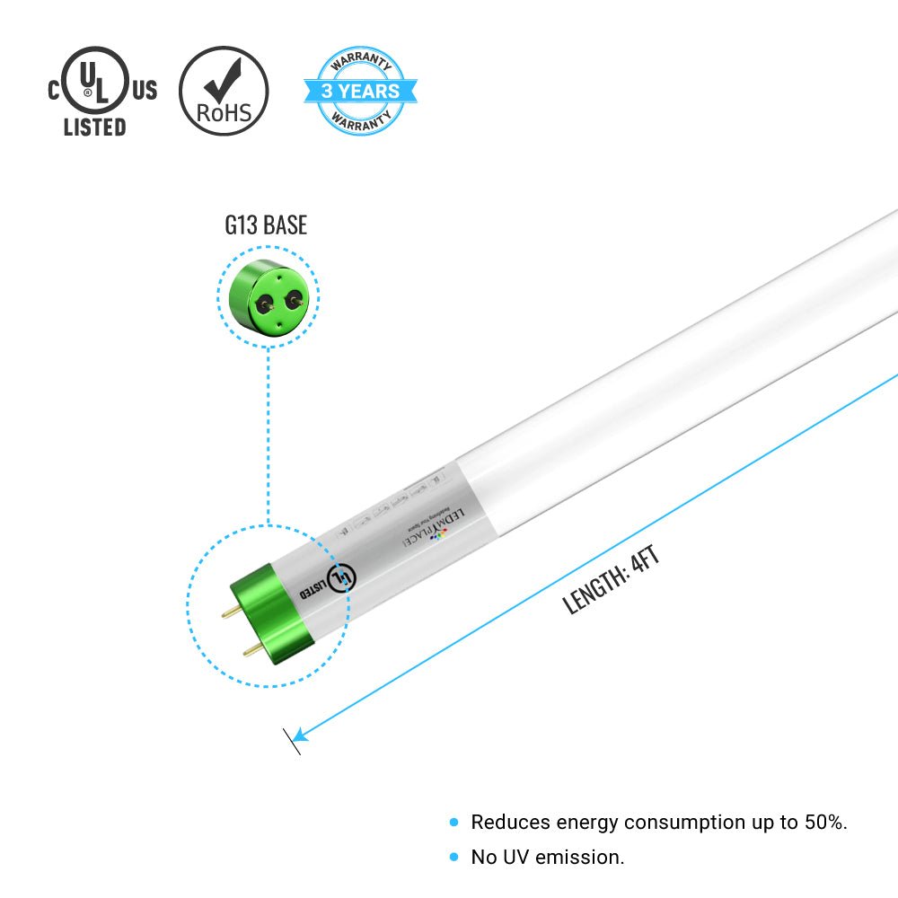 T8 4ft LED Tube/Bulb - Glass 18W 1800 Lumens 4000K Frosted, Single Ended Power - Ballast Bypass