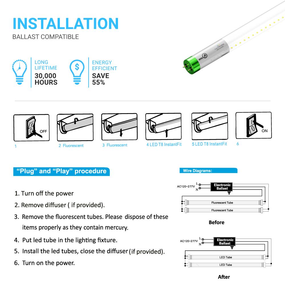 T8 4ft LED Tube/Bulb - Glass 18W 1800 Lumens 5000K Clear, Plug N Play, Double End Power - Ballast Compatible (Check Compatibility List)