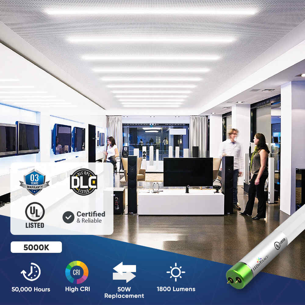 T8 4ft LED Tube/Bulb - Glass 18W 1800 Lumens 5000K Frosted, G13 Base, Single Ended Power - Ballast Bypass