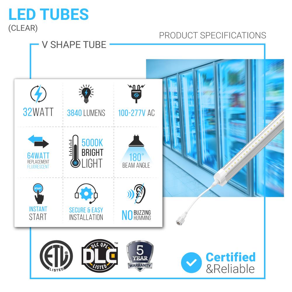 T8 5ft LED Freezer/Cooler Tube Light, V Shape, 36W 5000K, Clear, Refrigerator LED Light - Walk-in Cooler Light