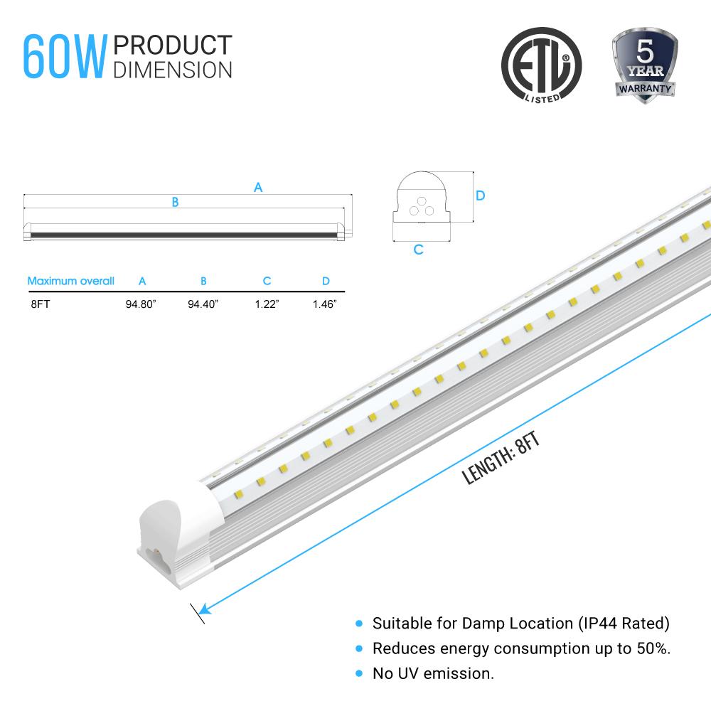 T8 8ft Integrated LED Tube Light 60W V Shape 5000K Daylight White, Clear, Linkable LED Lighting for Garage Warehouse, Upgraded Shop Lights, Plug and Play