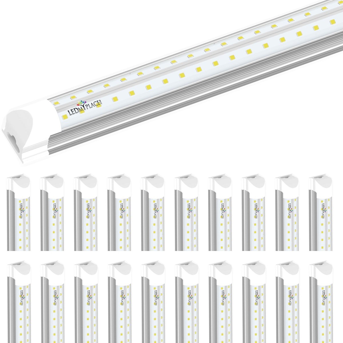 T8 8ft Integrated LED Tube Light 60W V Shape 5000K Daylight White, Clear, Linkable LED Lighting for Garage Warehouse, Upgraded Shop Lights, Plug and Play