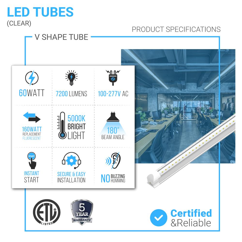 T8 8ft Integrated LED Tube Light 60W V Shape 5000K Daylight White, Clear, Linkable LED Lighting for Garage Warehouse, Upgraded Shop Lights, Plug and Play