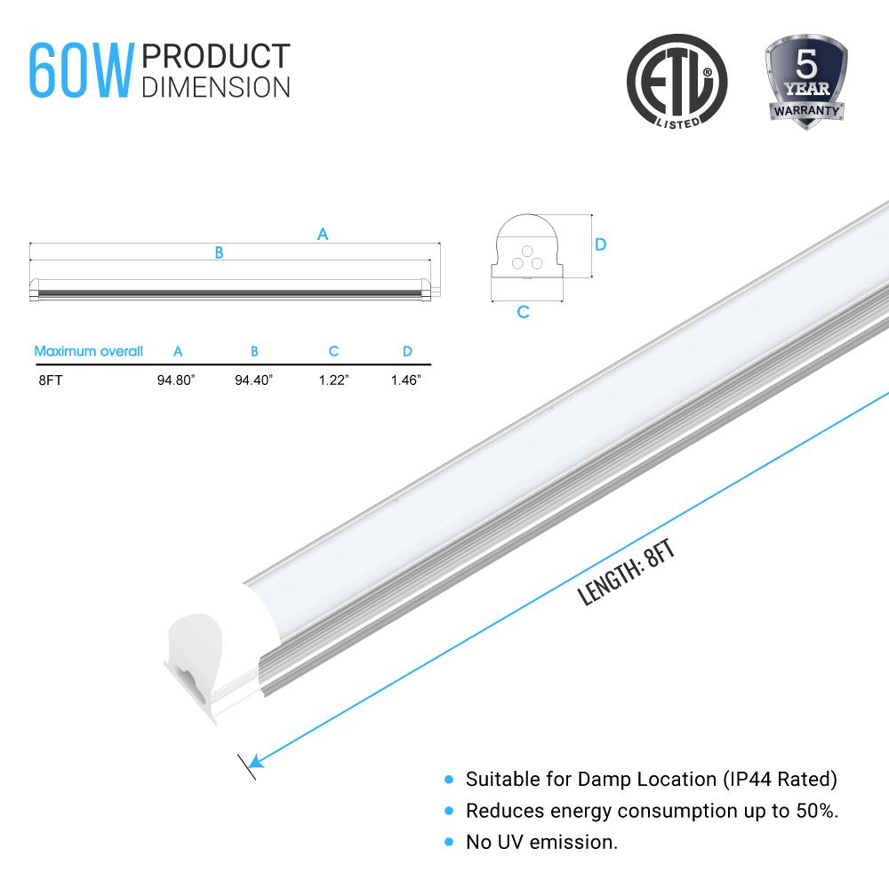 T8 8ft Integrated LED Tube Light 60W V-Shape 5000K Daylight White, Frosted, 8 Foot Plug and Play Linkable LED Shop Lights, Damp Location